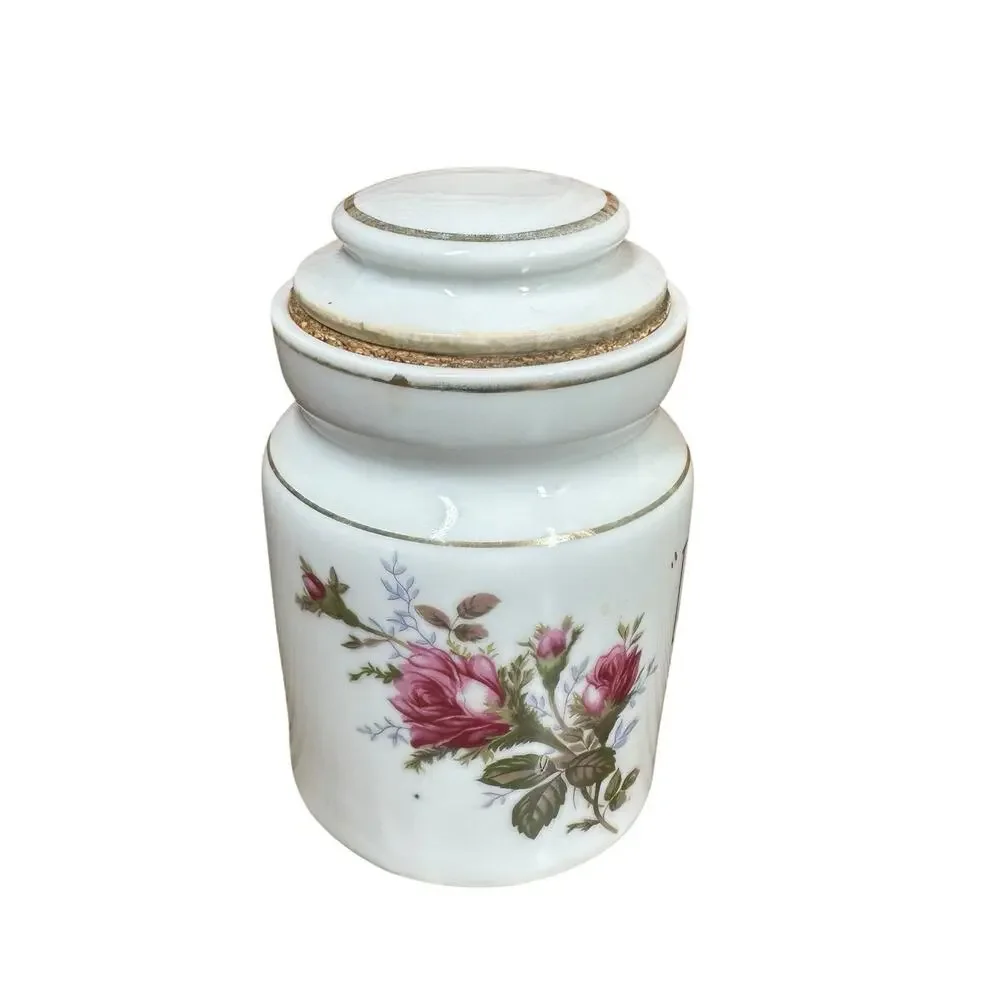Vtg Porcelain Moss Rose Instant Coffee Canister Jar w/ Lid Japan Gold Accent 6